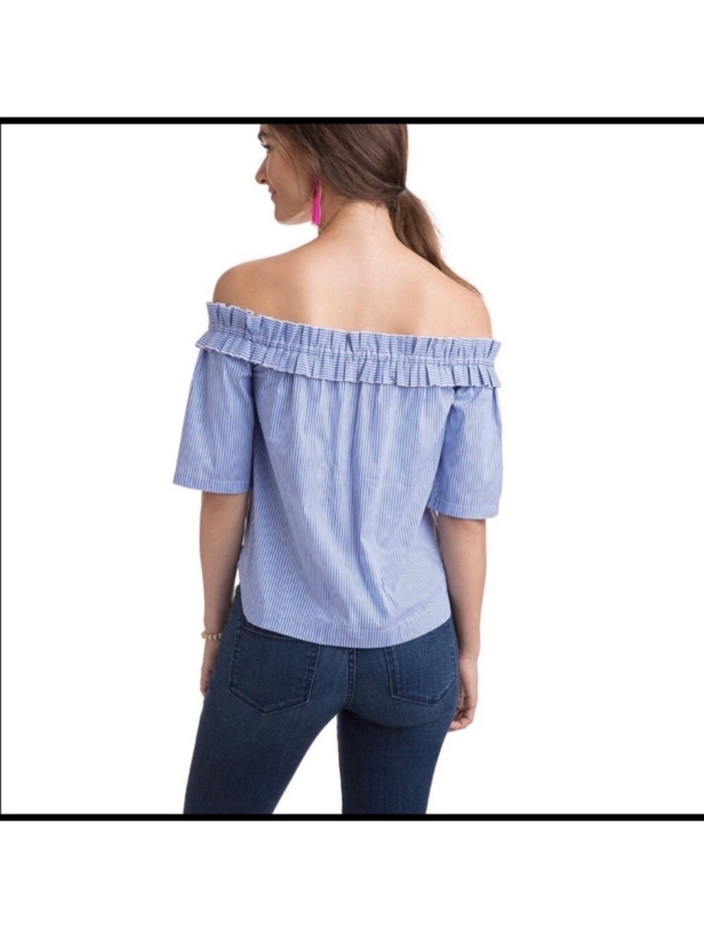 Vineyard Vines Blue & White Striped Off-Shoulder Ruffle Top | Medium | NWT - Picture 3 of 5